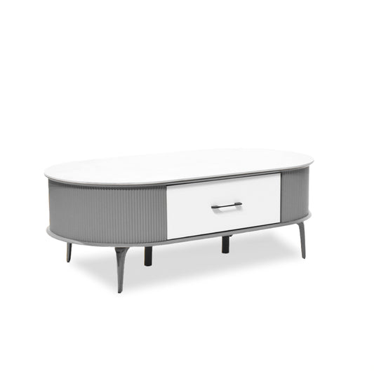 Modern coffee table with a white drawer and gray side panels on a white background