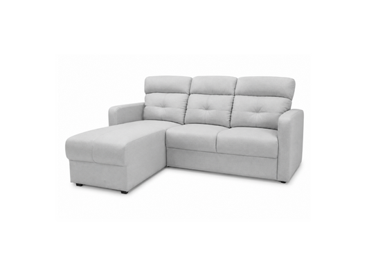 A light gray upholstered sectional sofa with a right-facing chaise lounge, shown on a plain white background.
