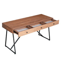 Wooden desk with three drawers on a white background