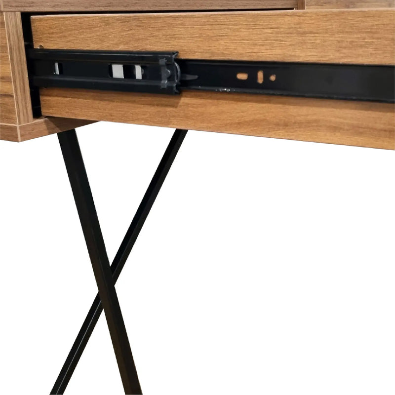 Wooden desk with black metal legs on a white background