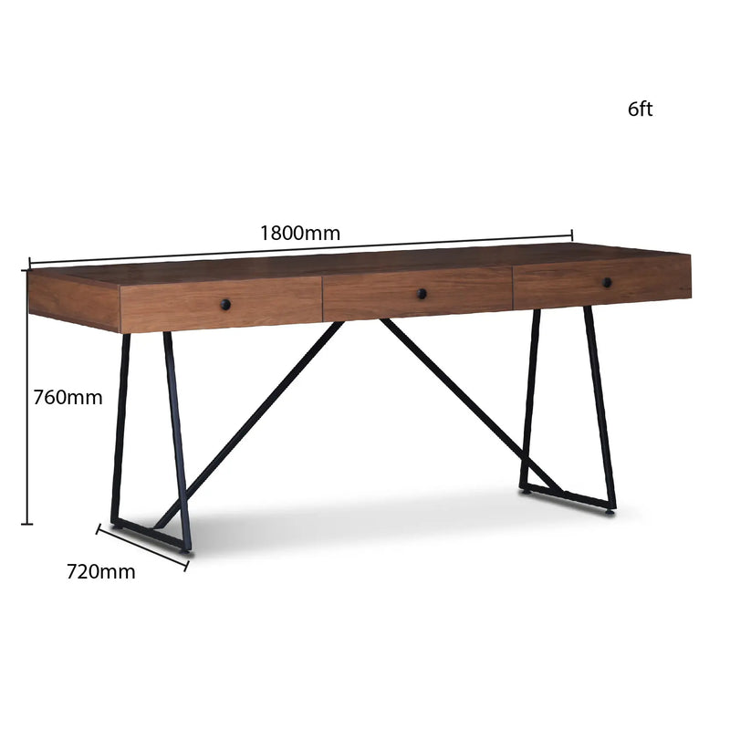 Wooden desk with dimensions labeled on a white background