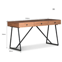 Wooden desk with black metal legs and dimensions on a white background