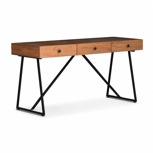 A modern writing desk with a medium brown wood grain top, three drawers with small black knobs, and a black metal frame with angled legs, shown on a white background.