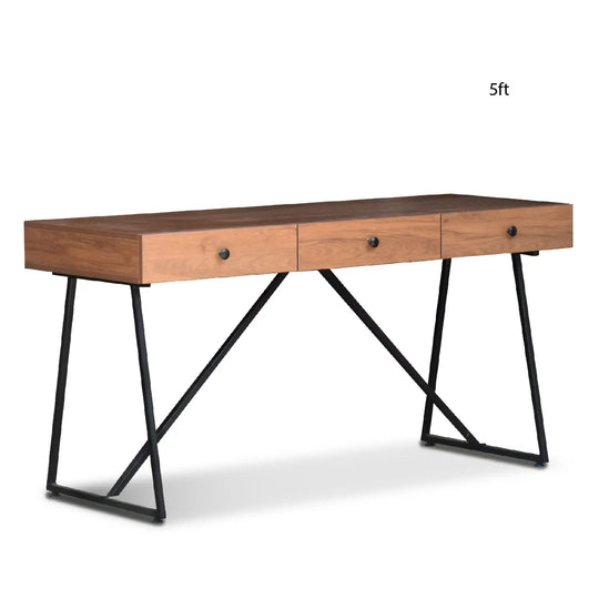 Wooden desk with black metal legs on a white background