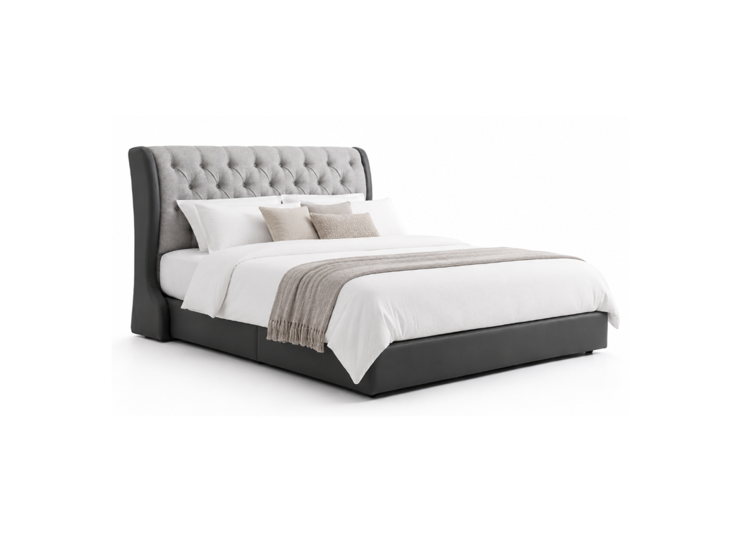 A modern platform bed with a high, tufted gray upholstered headboard and a dark gray base, styled with white bedding, beige accent pillows, and a beige throw blanket, set against a plain white background.