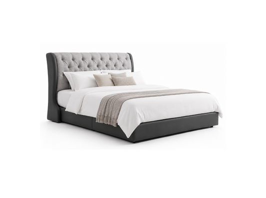 A modern platform bed with a high, tufted gray upholstered headboard and a dark gray base, styled with white bedding, beige accent pillows, and a beige throw blanket, set against a plain white background.