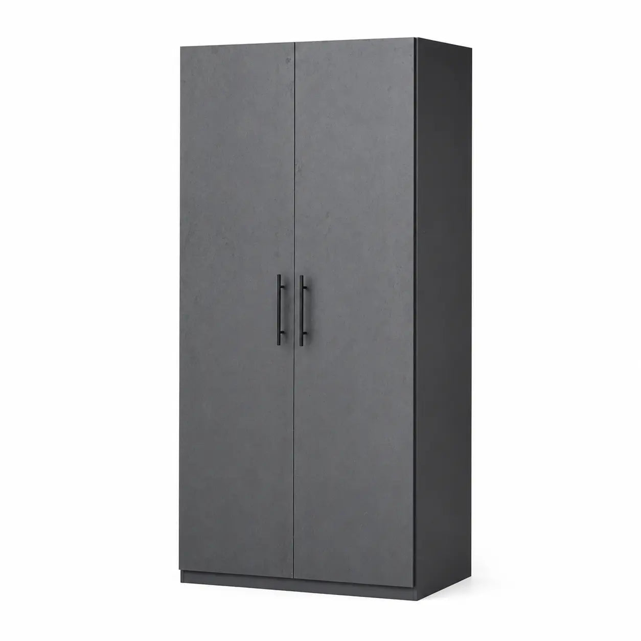A tall, modern two-door wardrobe or storage cabinet in a dark charcoal gray finish, featuring slim black vertical handles and a matching base, shown against a plain white background.