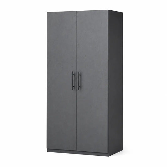 A tall, modern two-door wardrobe or storage cabinet in a dark charcoal gray finish, featuring slim black vertical handles and a matching base, shown against a plain white background.
