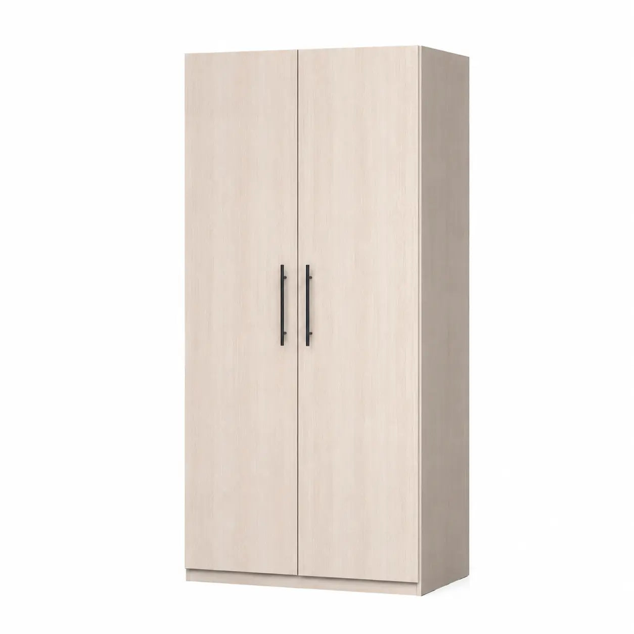 A tall two-door wardrobe or armoire with a light beige wood grain finish and slim black vertical handles, shown on a plain white background.