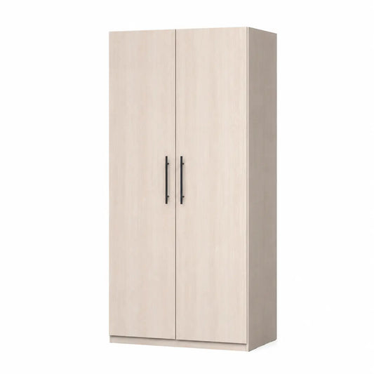A tall two-door wardrobe or armoire with a light beige wood grain finish and slim black vertical handles, shown on a plain white background.