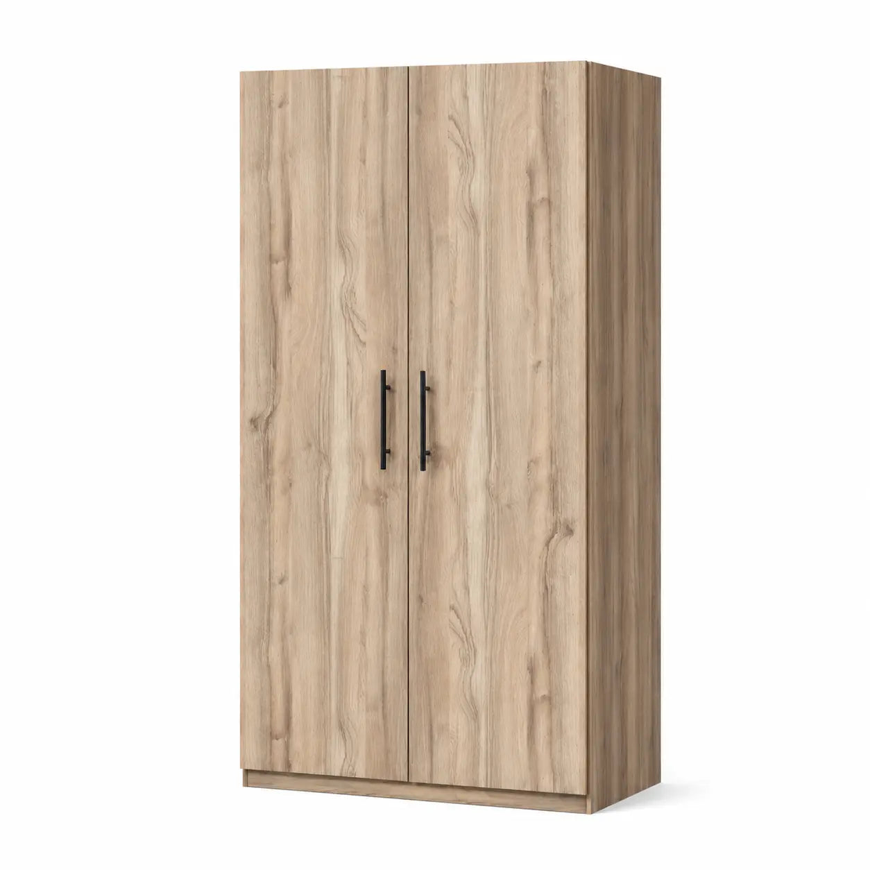 A tall two-door wardrobe or closet cabinet with a light oak wood grain finish and slim black vertical handles, shown on a plain white background.
