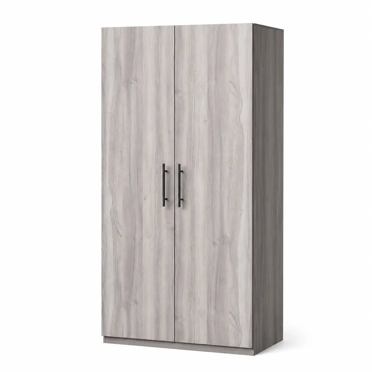 A tall two-door wardrobe or armoire with a light gray wood grain finish and slim black vertical handles, shown on a plain white background.