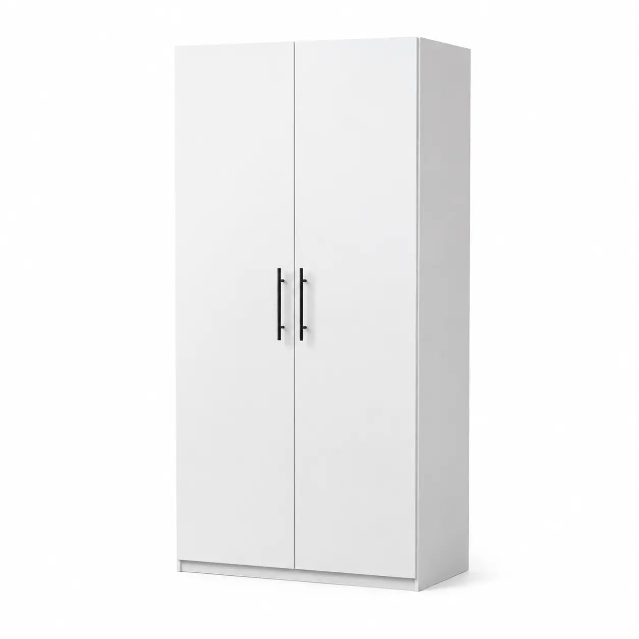 A tall white two-door wardrobe or storage cabinet with slim black vertical handles, shown on a plain white background.
