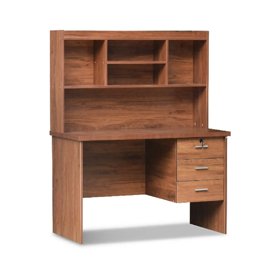 Wooden desk with shelves and drawers on a white background