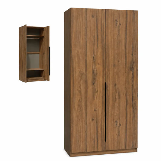 A tall wooden wardrobe with two doors and a wood grain finish, shown on a white background with a smaller inset view of the wardrobe door open to reveal shelves and a hanging rod.