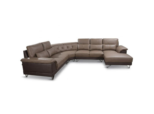 A modern curved sectional sofa in brown leather with a chaise lounge, photographed on a plain white background.