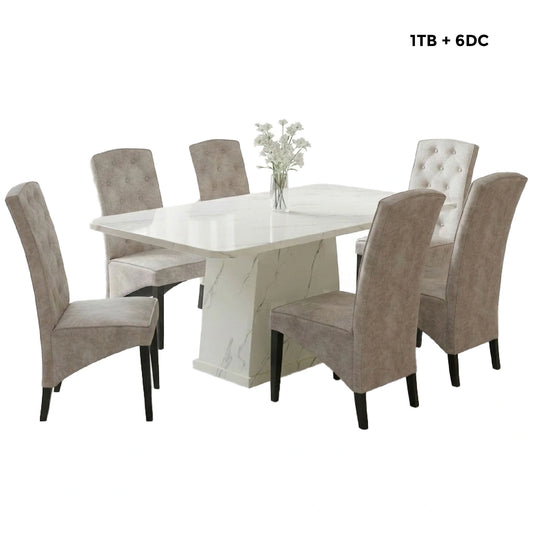 Dining set with a marble table and six chairs on a white 