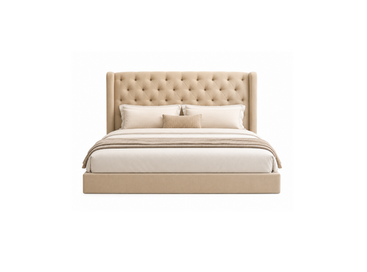 A modern platform bed with a tall, tufted upholstered headboard and matching upholstered footboard, styled with cream bedding, pillows, and a beige throw blanket against a solid white background.