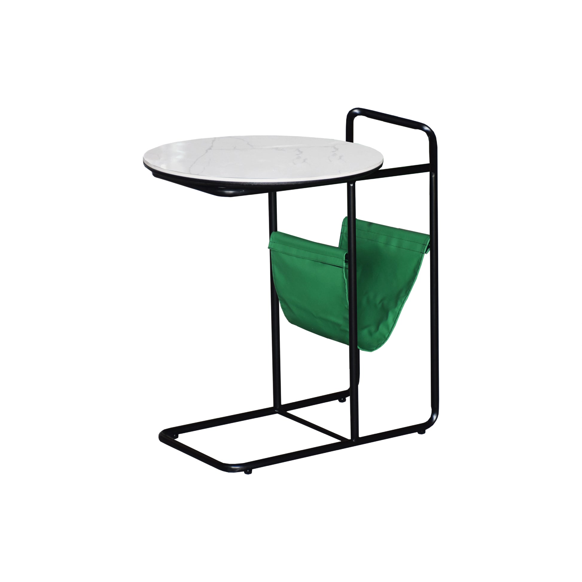 Small round table with a white top and black frame, featuring a green bag on a white background.