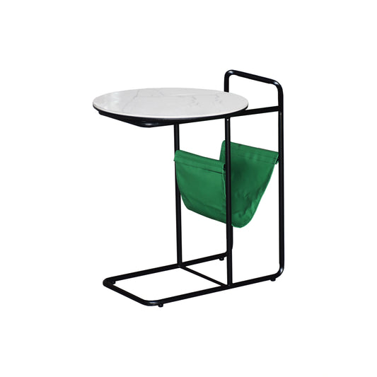 Small round table with a white top and black frame, featuring a green bag on a white background.
