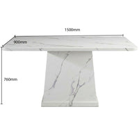 Marble-patterned dining table with dimensions on a white background