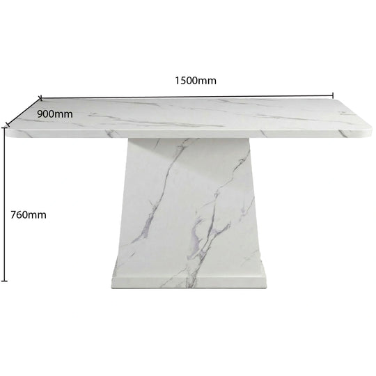 Marble-patterned dining table with dimensions on a white background