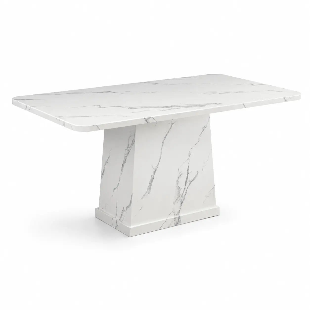 A modern rectangular dining table with a white marble-look top and pedestal base, featuring subtle gray veining, shown on a solid white background.