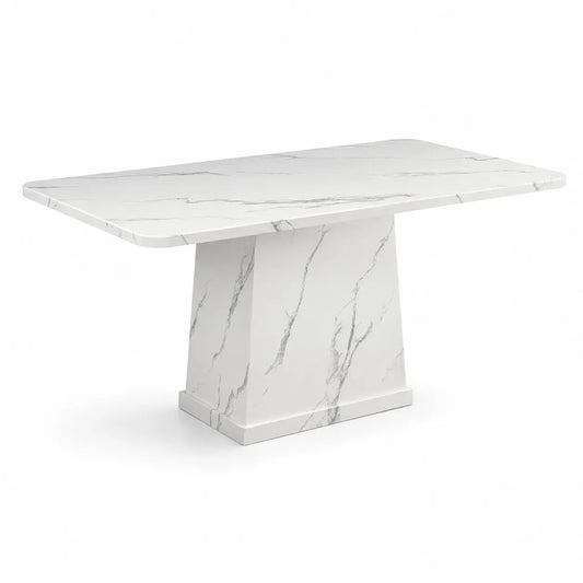 A modern rectangular dining table with a white marble-look top and pedestal base, featuring subtle gray veining, shown on a solid white background.