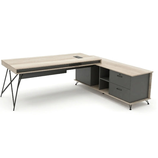 Modern L-shaped desk with light wood top and dark gray sides on a white background