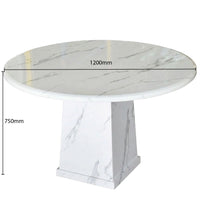 Round marble dining table with dimensions on a white background