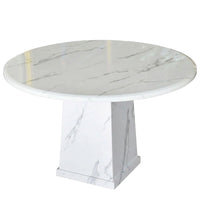 Round marble dining table with a white and gray marbled pattern on a white background