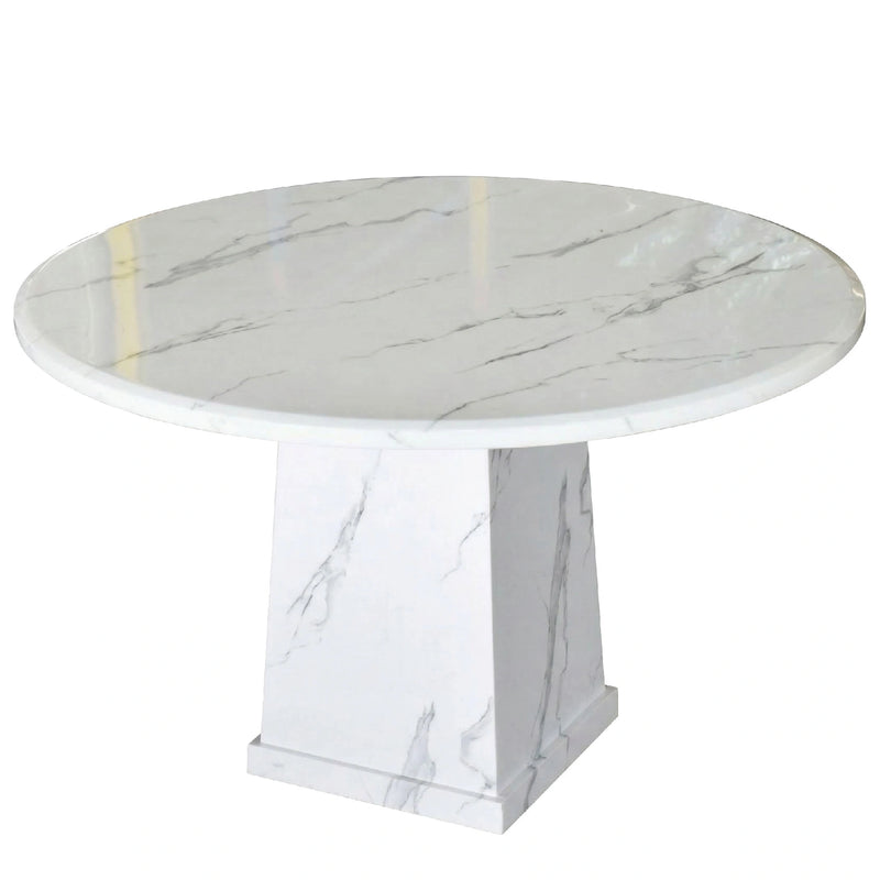 Round marble dining table with a white and gray marbled pattern on a white background