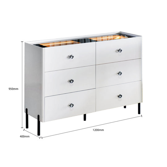 White dresser with dimensions labeled on a white background