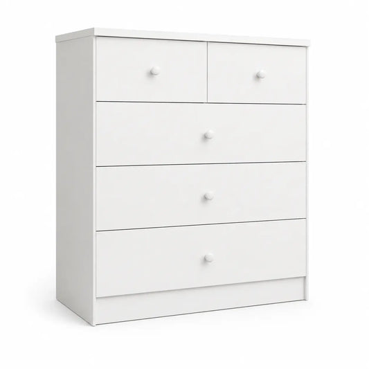 A white five-drawer dresser with two smaller drawers on top and three larger drawers below, each with a small round knob, shown on a plain white background.