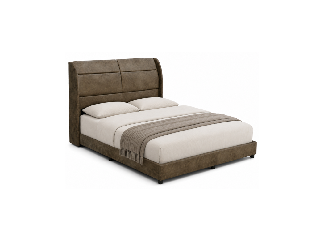 A modern platform bed with a tall, segmented upholstered headboard and matching footboard in a taupe-brown fabric, dressed with off-white bedding and a coordinating throw blanket, shown on a plain white background.
