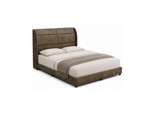 A modern platform bed with a tall, segmented upholstered headboard and matching footboard in a taupe-brown fabric, dressed with off-white bedding and a coordinating throw blanket, shown on a plain white background.