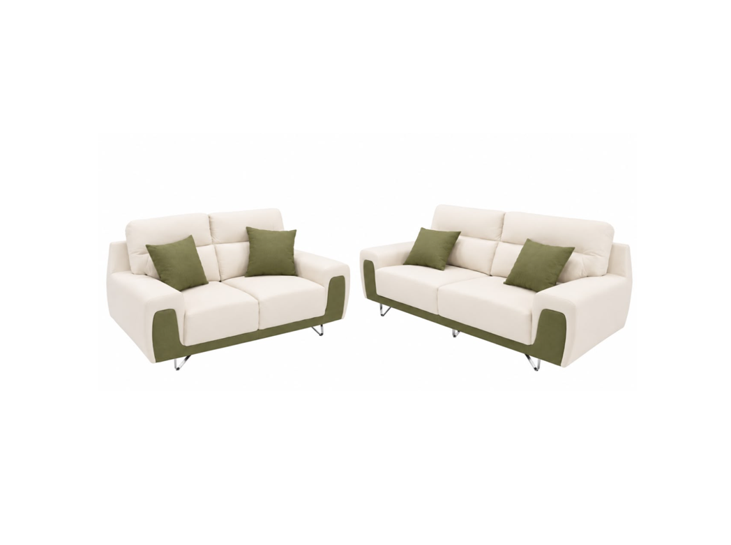 A matching two-piece sofa set consisting of a loveseat and a three-seater couch, upholstered in off-white fabric with sage green accent panels on the lower front and on the sides of the seat and back, accented with two sage green throw pillows on each sofa. The set is photographed against a seamless white background.