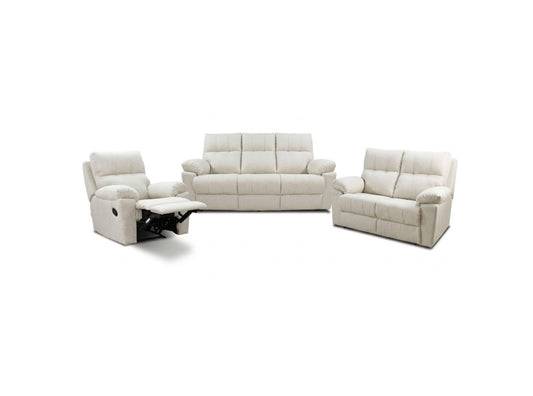 A light beige upholstered living room furniture set consisting of a three-seat sofa, a two-seat loveseat, and a recliner with the footrest extended, shown on a solid white background.