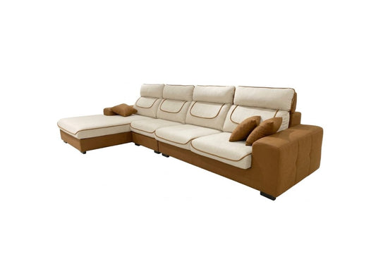 A modern sectional sofa with cream-colored cushions and a brown base, featuring two matching brown throw pillows, shown against a plain white background.