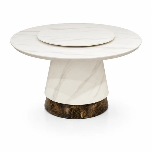 A round coffee table with a white marble top featuring a recessed center insert, supported by a tapered white marble base and a dark brown textured stone base, shown on a white background.
