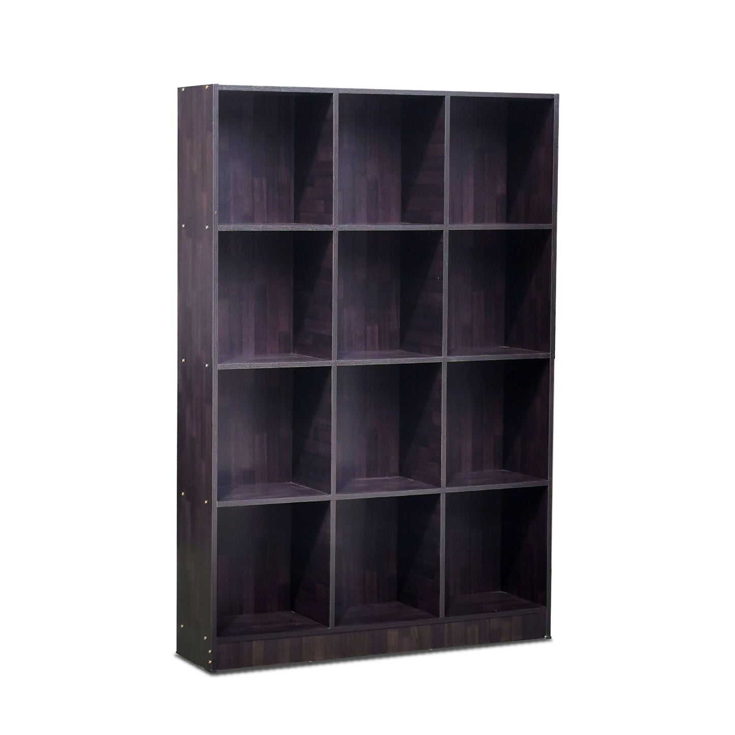 Dark wood bookshelf with 12 compartments on a white background