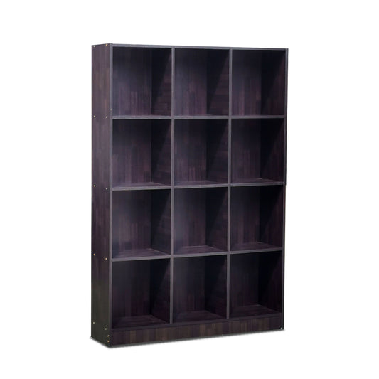 Dark wood bookshelf with 12 compartments on a white background
