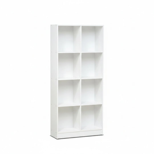 White bookshelf with six square shelves on a white background
