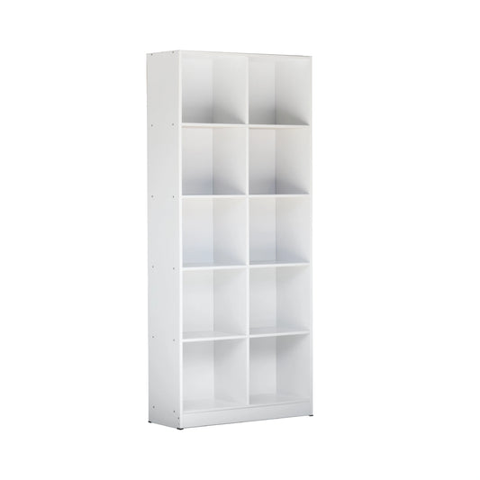 White bookshelf with multiple shelves on a white background