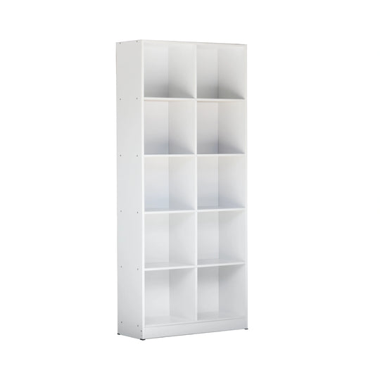 White bookshelf with multiple shelves on a white background