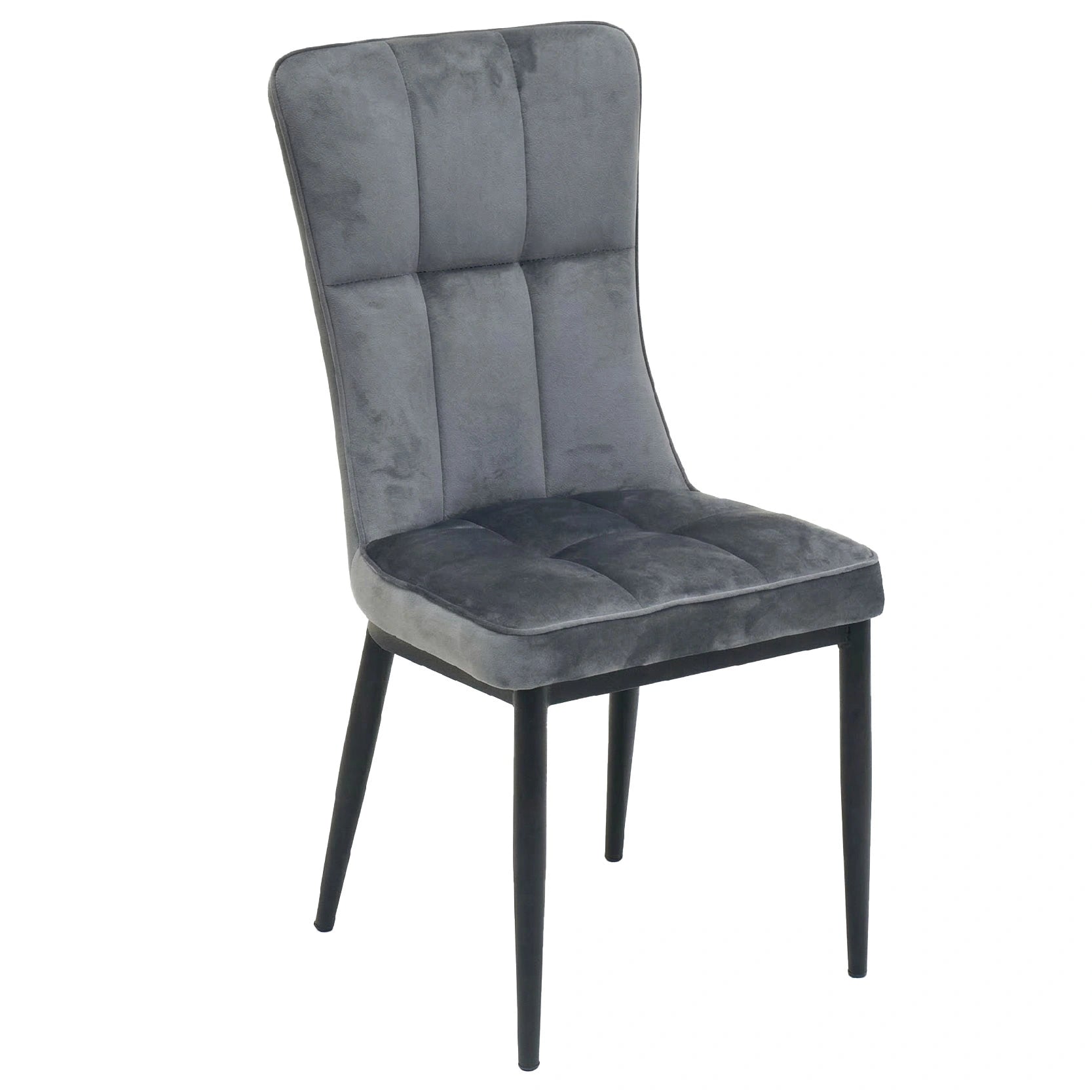Gray upholstered chair with black legs on a white background