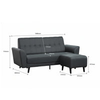 Gray sofa with dimensions marked on a white background