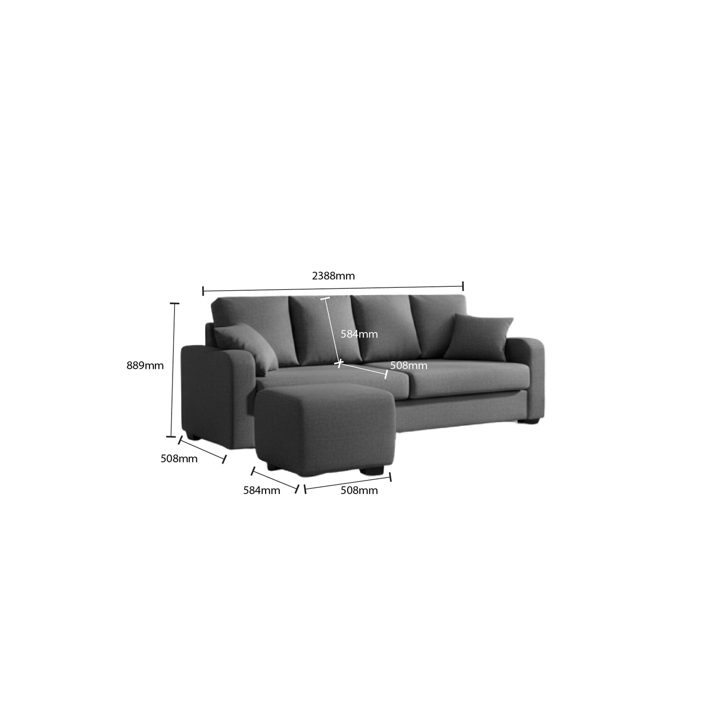 Gray sofa with dimensions labeled on a white background