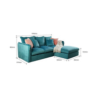 Teal sectional sofa with dimensions labeled on a white background