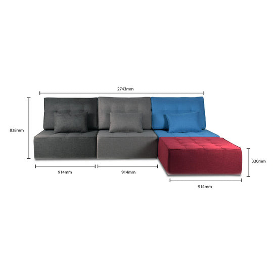 Multicolored sectional sofa with dimensions labeled on a white background